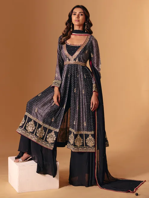 Dark grey pakistani bandhej silk palazzo suit