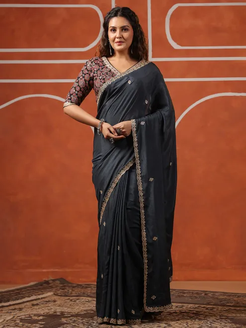 Dark grey printed muslin saree for women