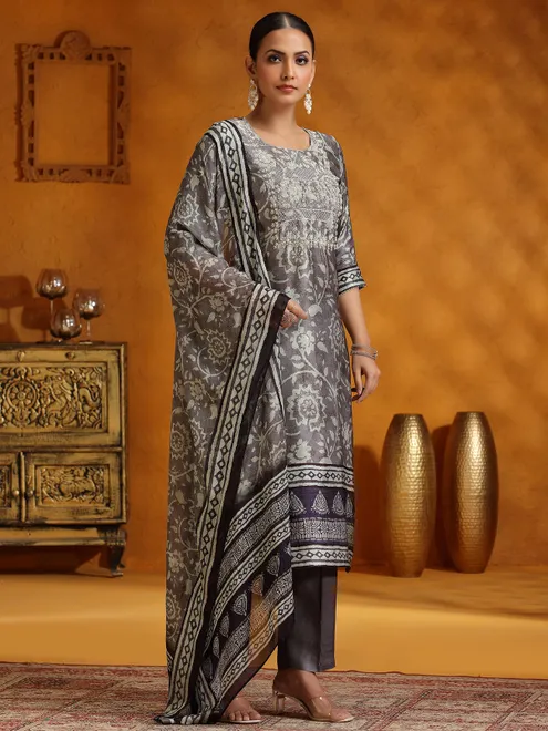 Dark grey printed silk kurti set for women