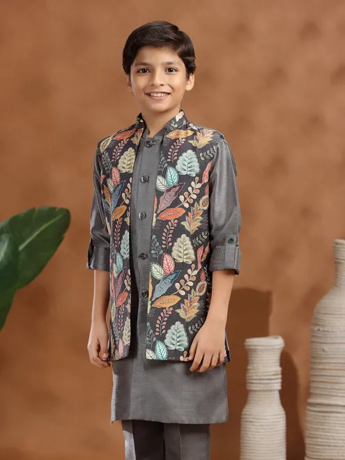Dark grey raw silk printed waistcoat set
