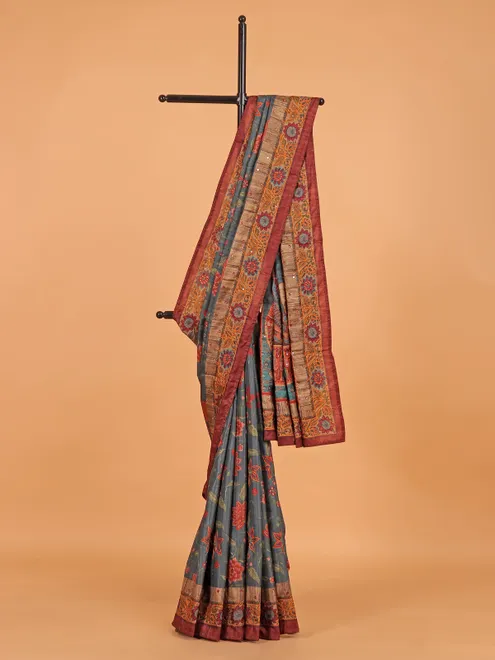 Dark grey semi cotton silk saree for festive