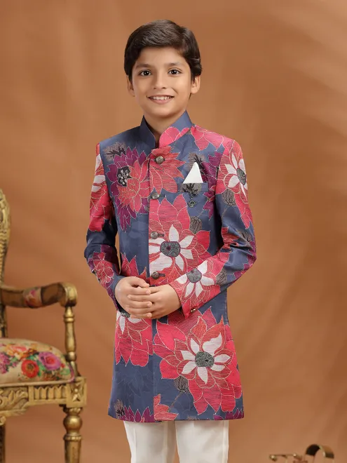Dark grey silk printed indo western for boys