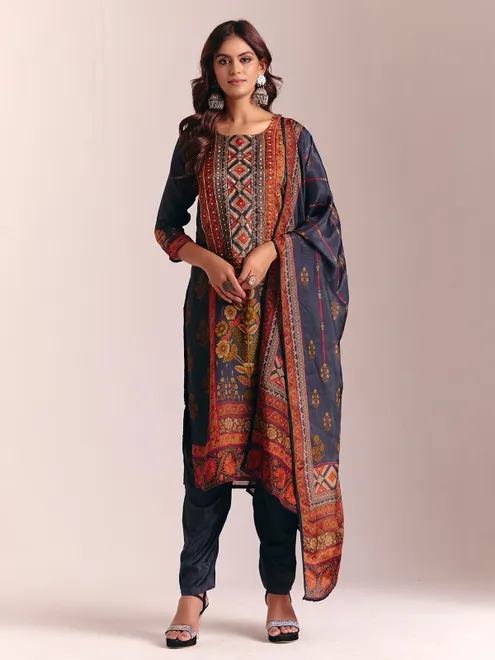 Dark grey silk printed salwar suit with dupatta