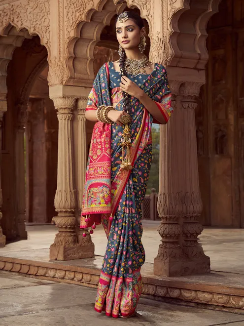 Dark grey silk printed saree