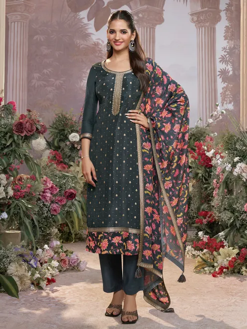 Dark grey silk round neck festive salwar suit