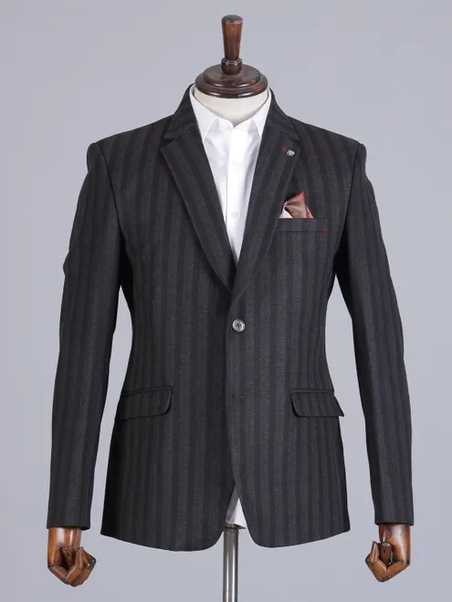 Dark grey striped imported terry rayon two button blazer