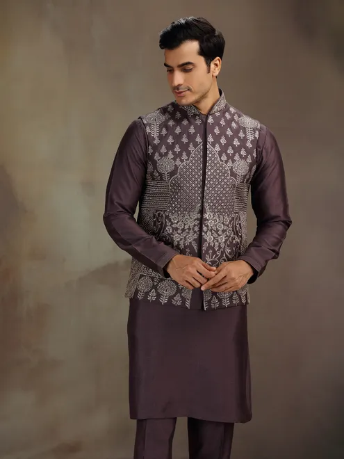 Dark wine wedding wear cotton silk waistcoat set