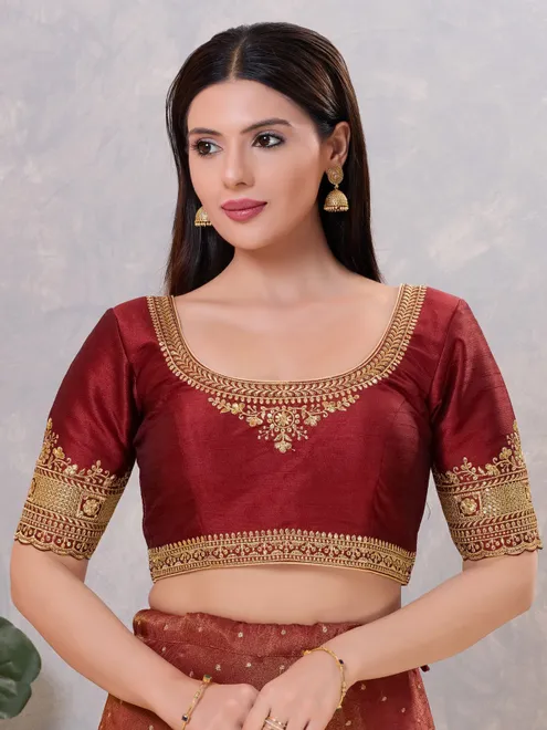 Dark maroon silk embroidery and sequin work blouse