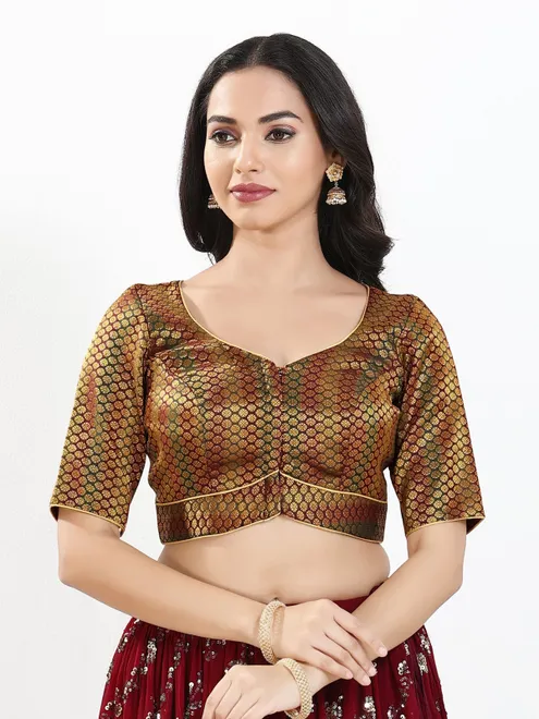 Dark maroon zari brocade sweetheart neck blouse