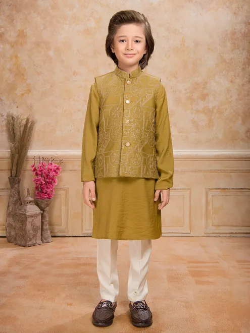 Dark mustard yellow silk waistcoat set for boys