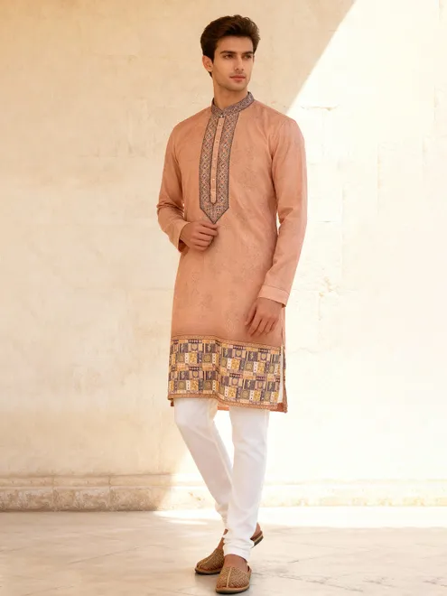 Dark peach cotton silk daman printed kurta suit