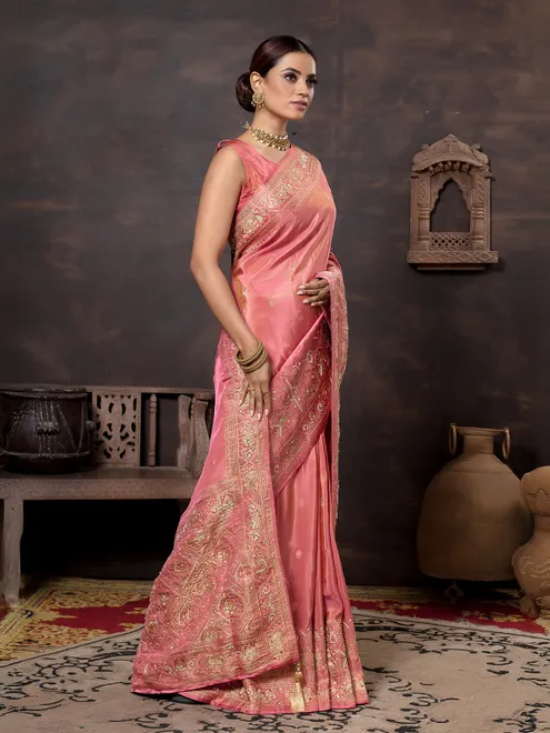 Dark peach dola silk saree with cutdana work