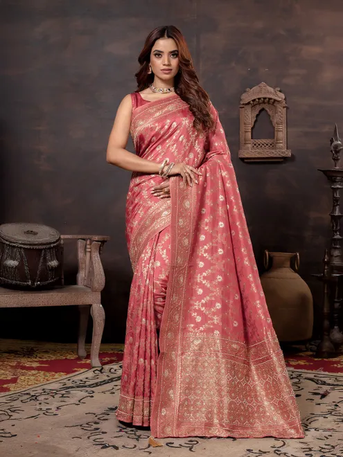 Dark peach dola silk wedding wear elegant saree
