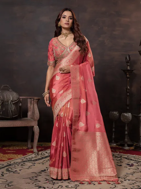 Dark peach dola silk wedding wear saree