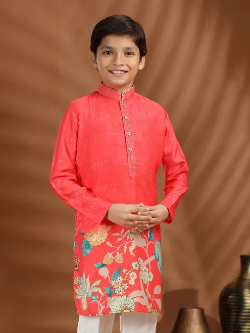 Dark peach silk kurta suit for boys