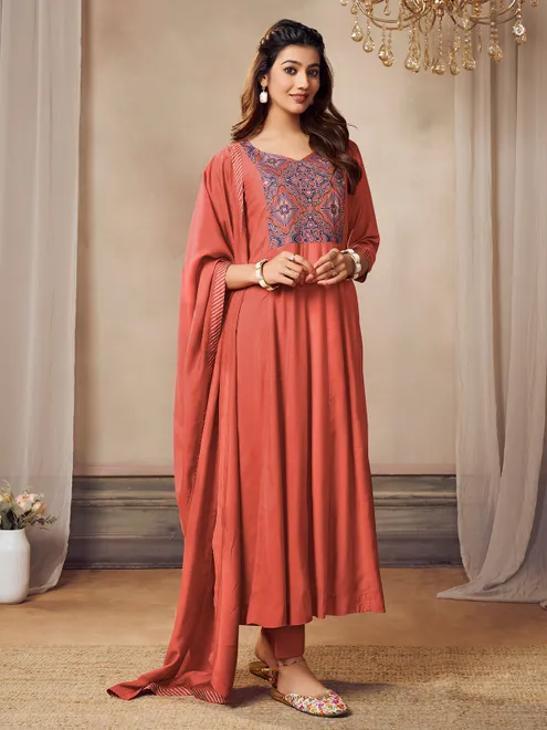 Dark peach silk kurti set for women