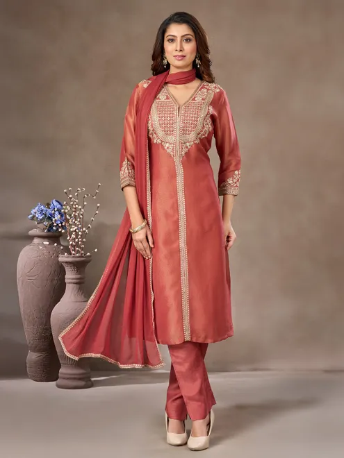 Dark peach tissue silk salwar suit with dupatta