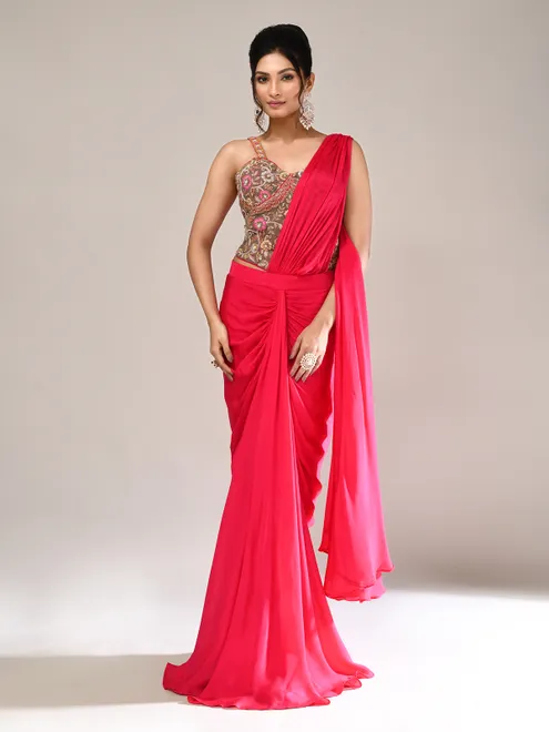 Dark pink chiffon designer indo western suit