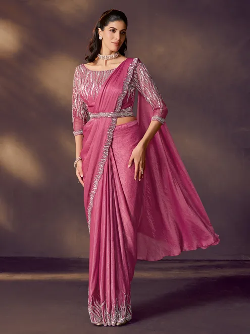 Dark pink crush satin silk saree with sequin work