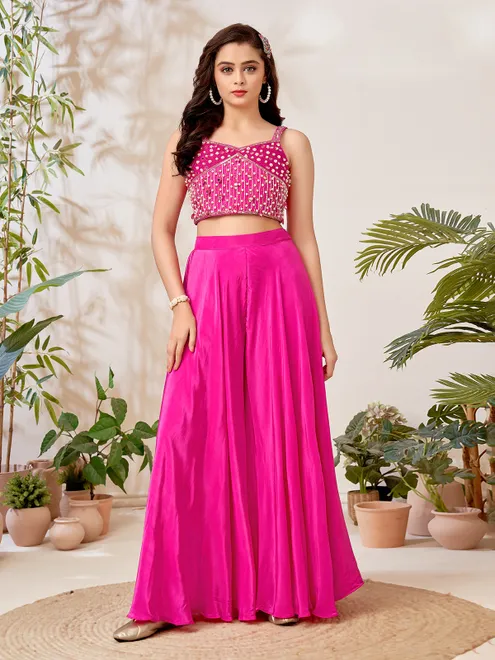 Dark pink satin silk palazzo suit