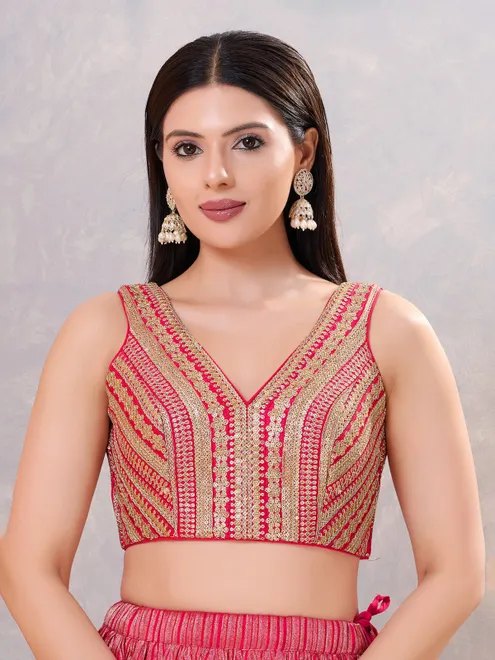 Dark pink sequin V neck back open blouse