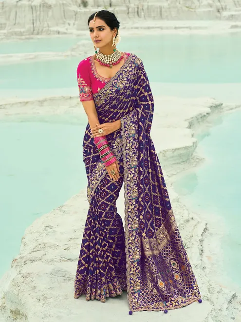 Dark purple bandhej georgette saree