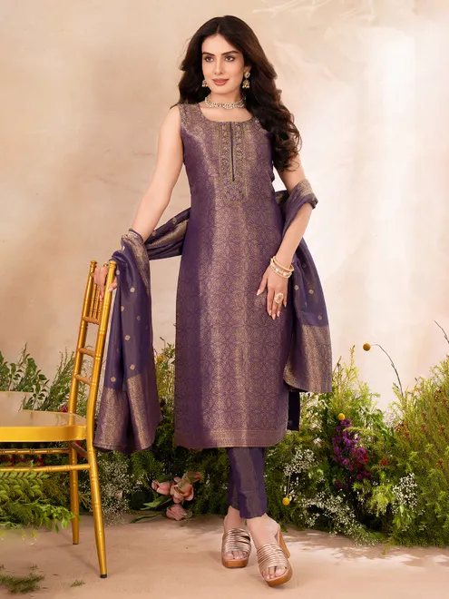 Dark purple brocade silk salwar suit for women