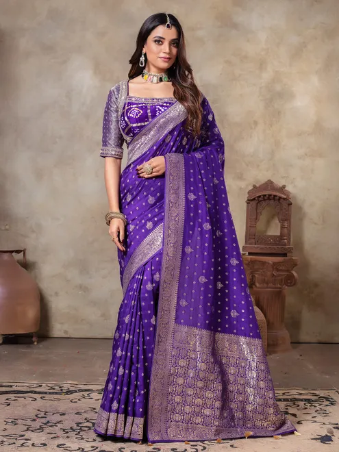 Dark purple dola silk saree with ready made blouse