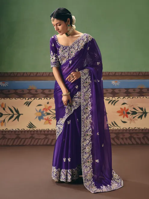 Dark purple fancy silk wedding wear saree