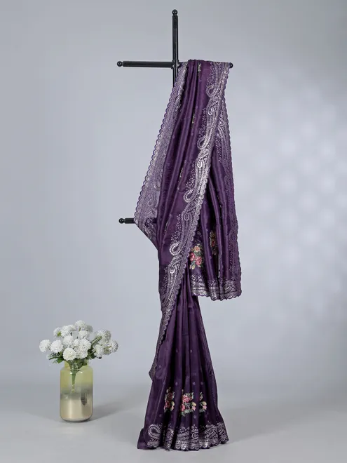 Dark purple organza saree with sequins embroidery