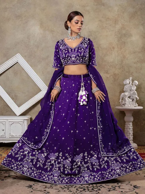 Dark purple raw silk bridal lehenga choli