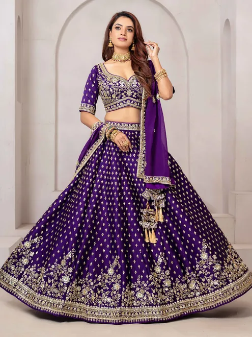 Dark purple raw silk partywear lehenga choli