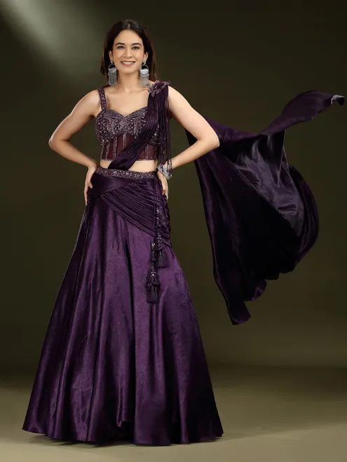 Dark purple satin silk designer lehenga choli