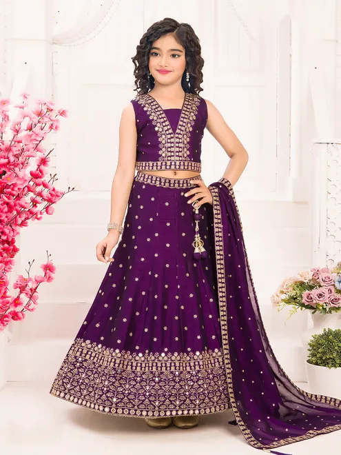 Dark purple silk lehenga choli with sequins and resham