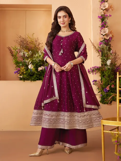 Dark purple silk pakistani style anarkali ensemble