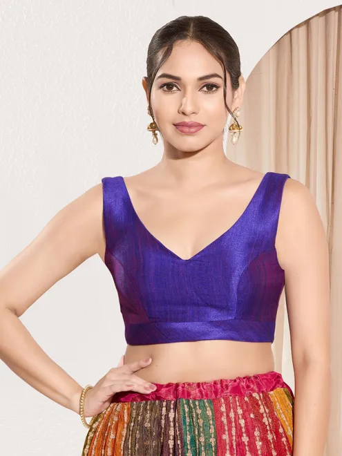 Dark purple silk ready made blouse in U neck