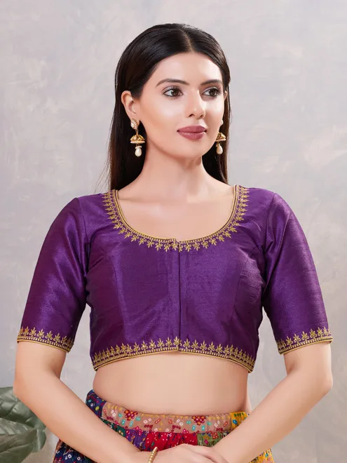 Dark purple silk resham and stone work round neck blouse