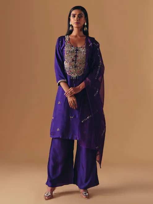 Dark purple silk zardosi palazzo suit