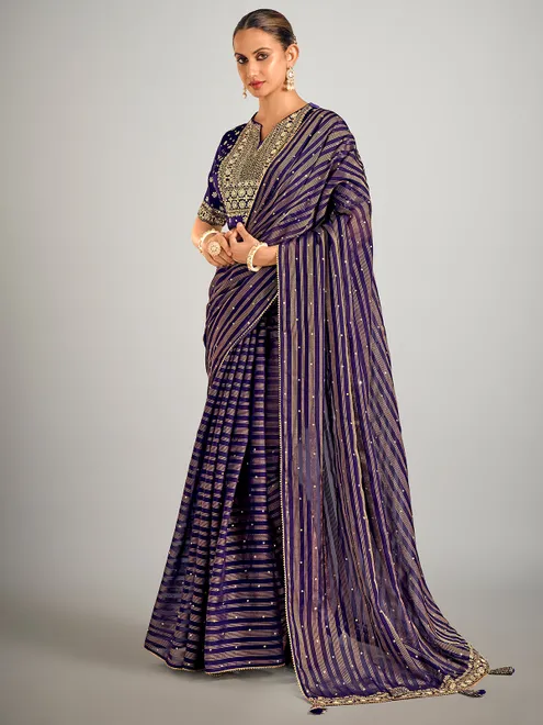 Dark purple soft organza wedding saree
