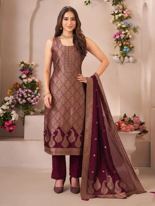 Dark purple stone work silk salwar suit