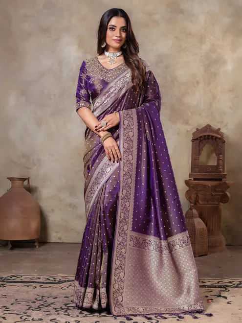 Dark purple tissue silk zari weaving saree
