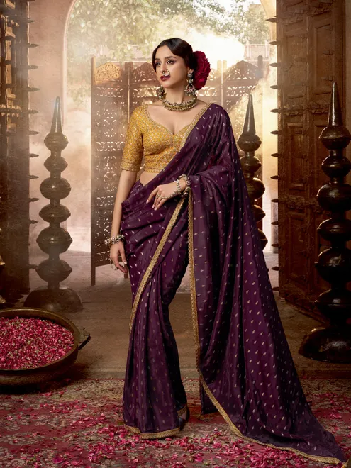 Dark purple viscose crepe silk saree for wedding wear