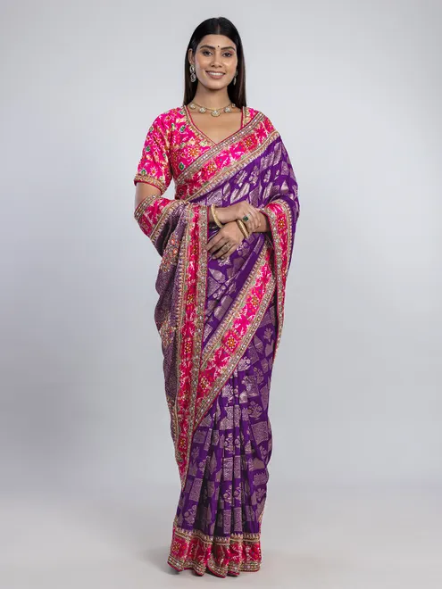 Dark purple wedding wear saree in dola silk