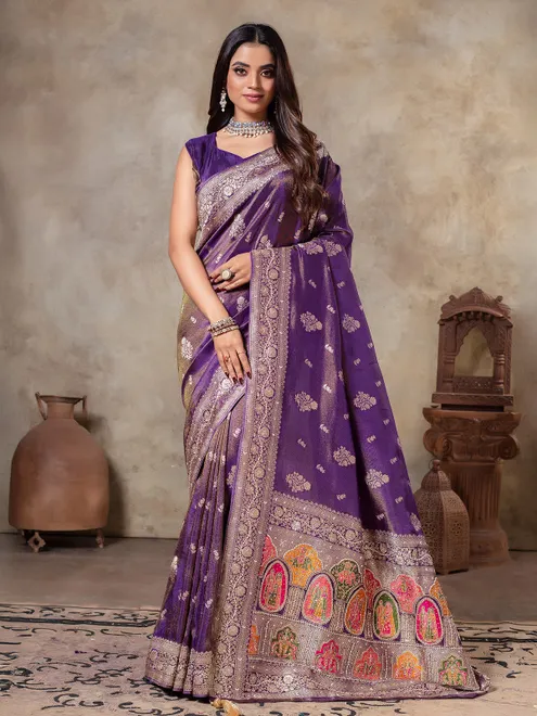 Dark purple wedding wear tissue silk saree