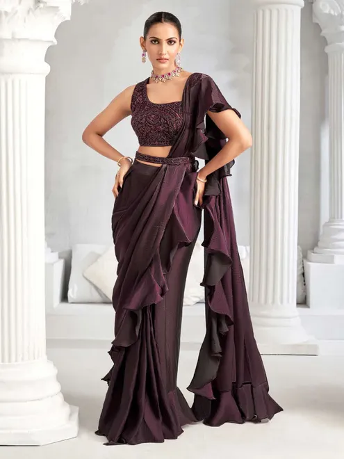Dark wine chiffon ready to wear saree for party wear