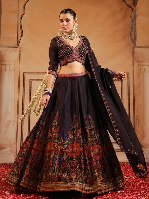 Dark wine wedding wear satin silk lehenga choli