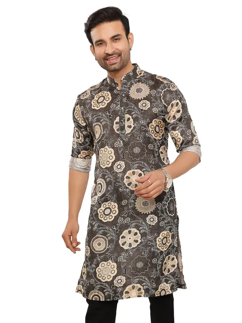 Dashing charcoal grey printed kurta