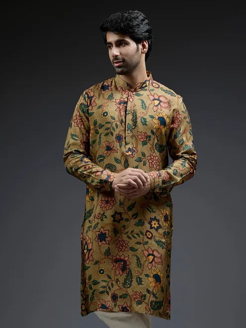 Dashing mehndi green flower printed silk kurta suit