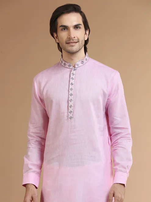 Dashing pink linen plain  Men Kurta pajama