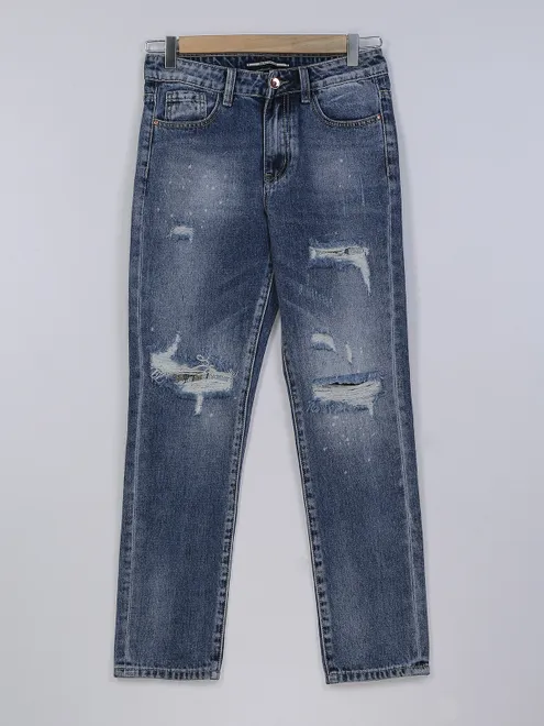 Deal dark blue washed and ripped mom jeans